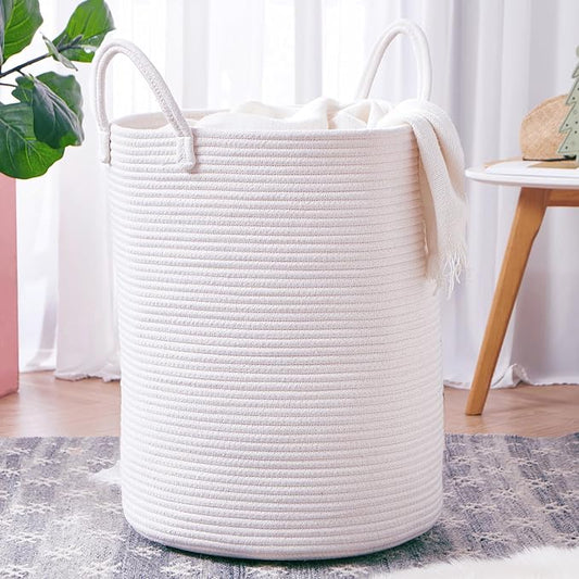 60L Pure White Woven Hamper Laundry Basket Cotton Rope Blanket Basket for Living Room 15Dx20H inches Tall Clothes Hamper for Baby Nursery Kids in Bedroom Large