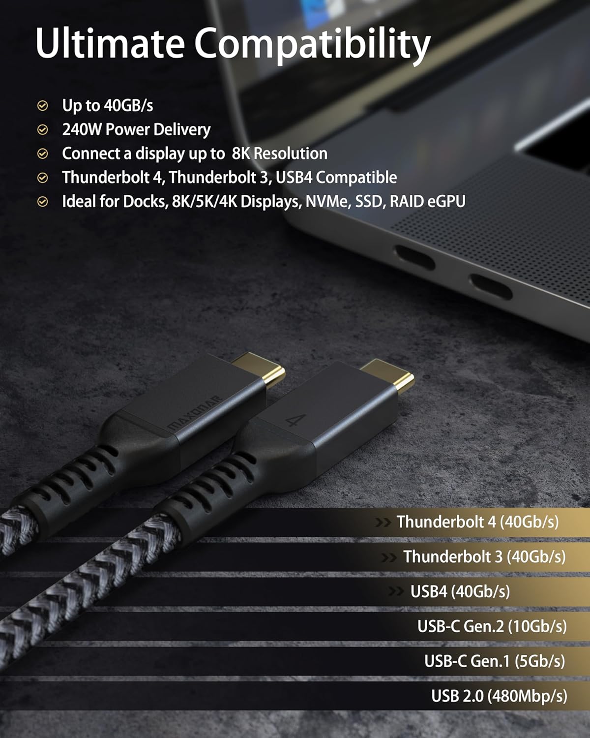 Maxonar [1Ft] Thunderbolt 4 Cable, Short Thunderbolt Cable 40Gbps with 240W Charging and 8K/5K@60Hz Compatible with Thunderbolt 4/3, USB4, and USB C