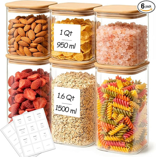 6-Pack Square Glass Pantry Storage Containers with Lids, Airtight Stackable Pantry Organization and Storage Set (1.6 Qt/1 Qt) for Snacks, Cereal & Coffee