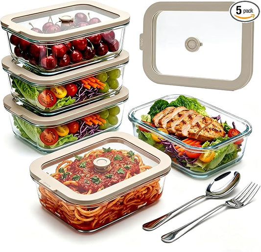 5 Pack 35 oz Glass Meal Prep Containers, Plastic-Free Glass Food Storage Containers with Lids, 4.4 Cups Airtight Glass Lunch Containers for Leftovers, Microwave, Oven, Freezer and Dishwasher