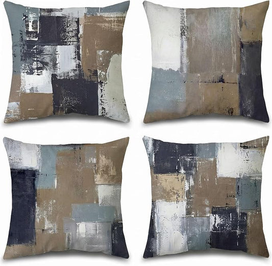 Set of 4 Modern Abstract Throw Pillow Covers 18x18, Earth Tone Brown and Blue Grey Oil Painting Decorative Pillow Cases, High-End Neutral Accent Pillows for Industrial Sofa Couch Living Room Decor