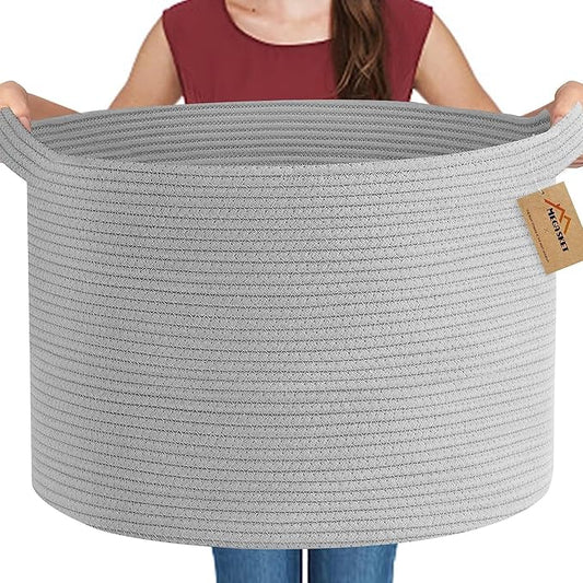 MEGASKET Extra Large Grey Storage Basket, 22" X 22" X 14" XXXL Blanket Basket for Living Room, Gray Wicker Woven Cotton Rope Baskets for Storage, Kids Toy Baskets Bins, Decorative Pillow Towel Basket
