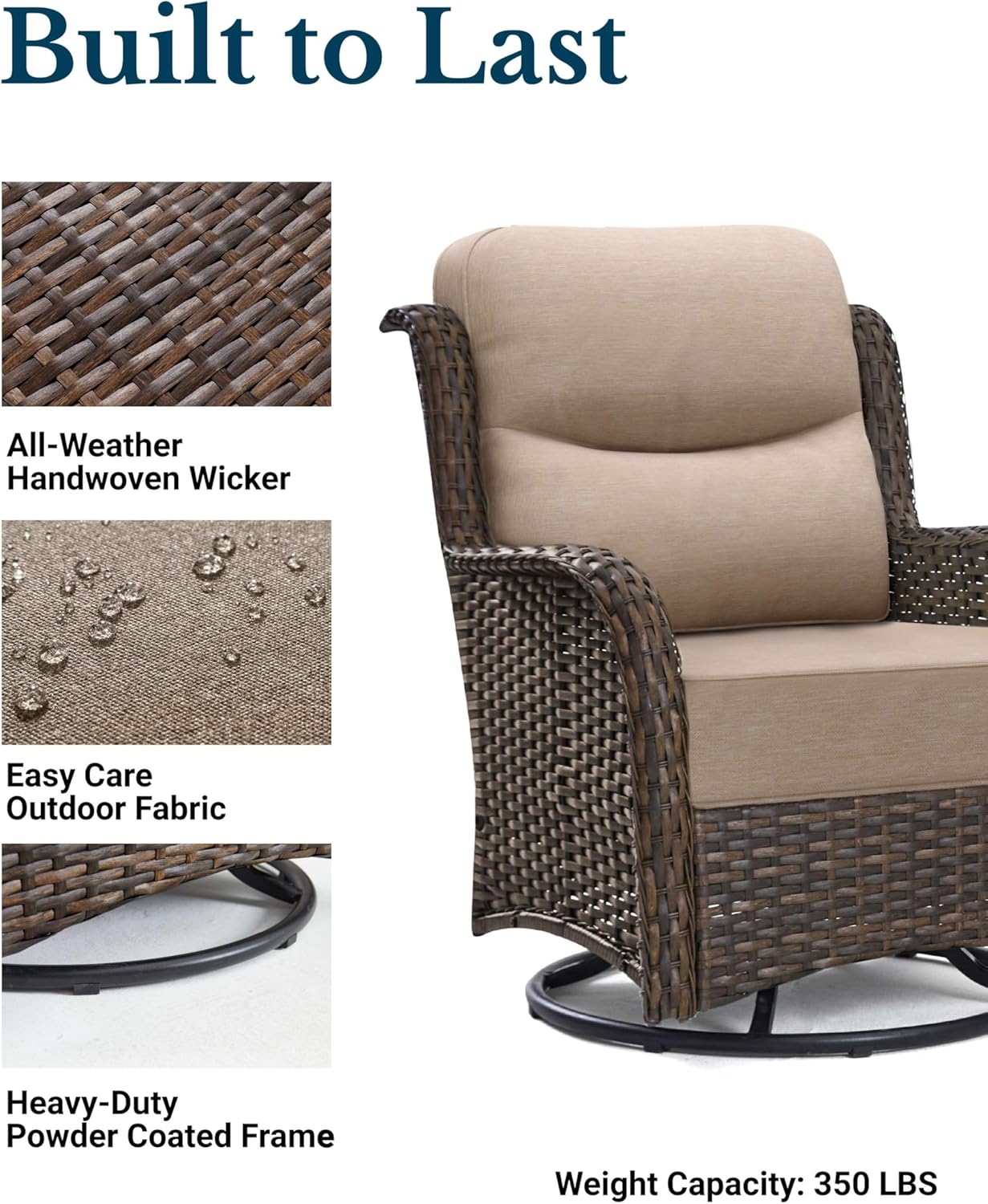 HILLGA Luxury Patio Furniture Set with 6-Inch Thick Cushions, High Back Outdoor Swivel Rocker Chairs and Ottoman, 5-Piece All Weather Conversation Set for Porch Deck Balcony Yard, Beige (V3)