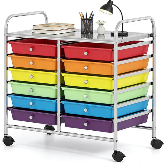 COSTWAY 12-Drawer Rolling Storage Cart, Utility Storage Organizer Cart for Tools, Scrapbook, Paper, Craft, Multipurpose Art Supply Organizer on Wheels for Home Office School, Teacher, Multicolor