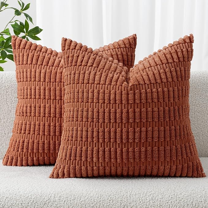MIULEE Pack of 2 Dark Rust Corduroy Decorative Pillow Covers 12x12 Inch Soft Boho Striped Throw Pillow Covers Modern Farmhouse Home Decor for Summer Sofa Living Room Couch Bed