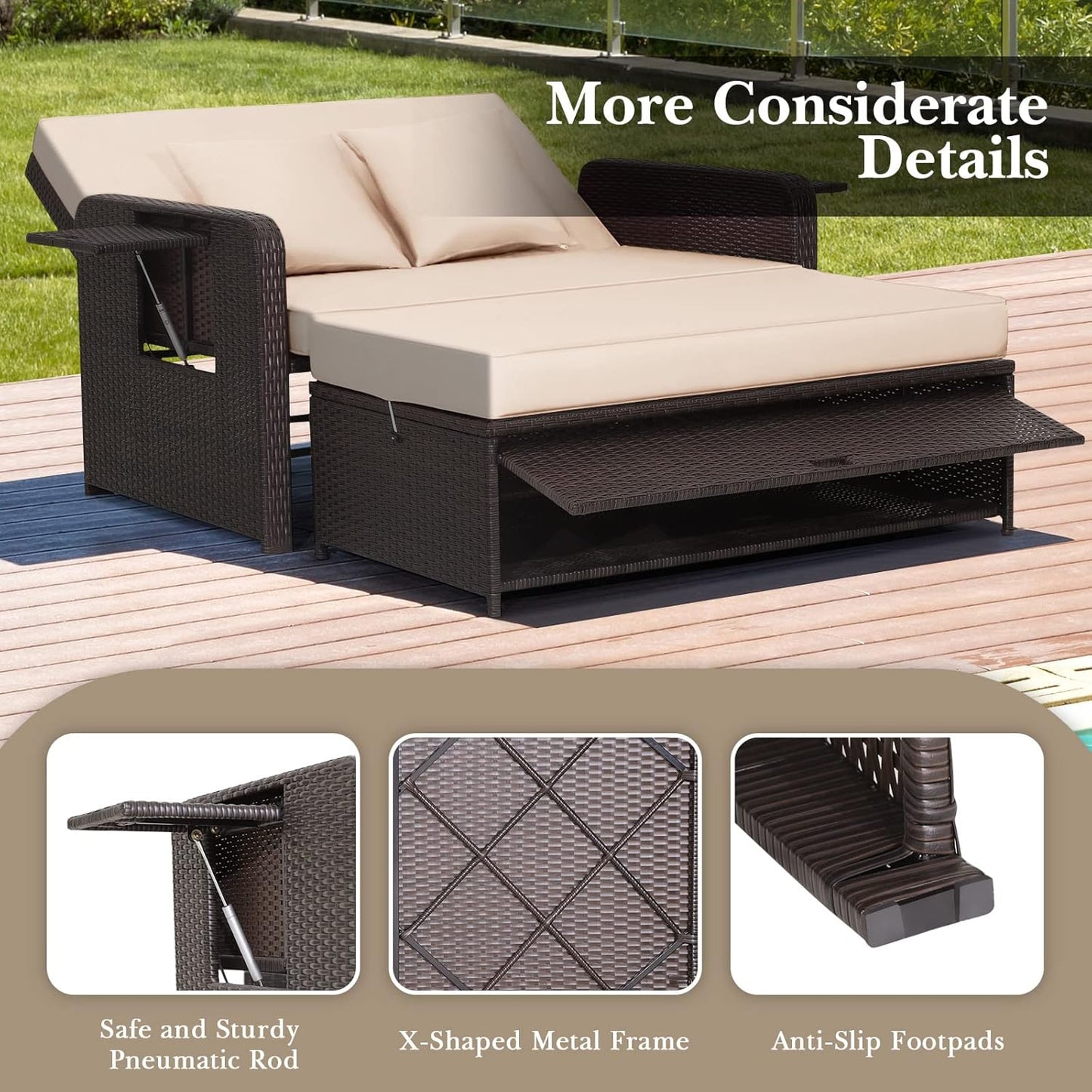 Tangkula Patio Rattan Daybed, Patiojoy Wicker Loveseat Sofa w/Multipurpose Ottoman & Retractable Side Tray, 4-Level Adjustable Backrest, Footstool w/Storage, Seat & Back Cushion Included (Beige)