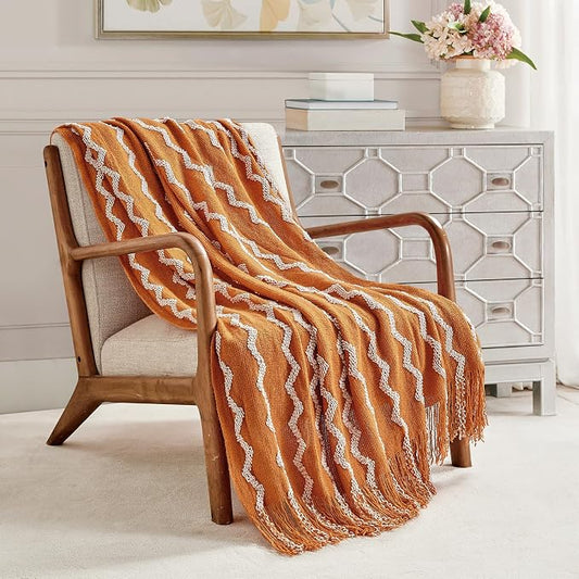 BOURINA Fluffy Chenille Knitted Fringe Throw Blanket Lightweight Soft Cozy for Bed Sofa Chair Throw Blankets, Orange 50" x 60"