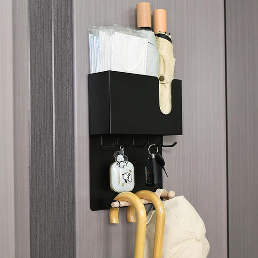 Magnetic Key Holder & Umbrella Holder for Wall, Multi-Functional Entryway Shelf for Tissues. Sturdy Hooks for Keys, Bags. Space Saving Organizer for Apartment, Dorm Room (Black)