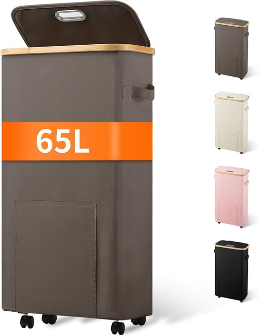 Vincona Laundry Basket with Wheels, Tall Dirty Clothes Hamper on Wheels, Rolling Laundry Hamper with lid for Dorm, Bedroom and Bathroom