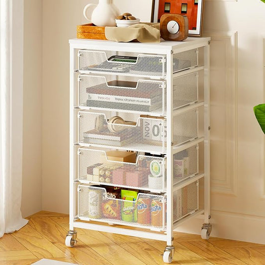 Sbanmao Utility Cart with 5 Drawers, Rolling Storage Cart with Wooden Tabletop and Lockable Wheels, Storage Drawer Cart with Drawers, Craft Cart for Bedroom, Classroom, Home, Office, White