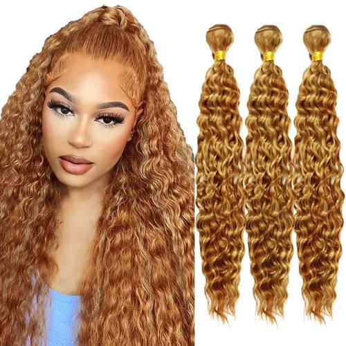Fabimiya Human Hair Bundles 16 18 20 Inch Light Brown P27/30 Deep Wave Bundles Human Hair 100% Unprocessed Soft Sewn In Hair with Double Weft for Black Women