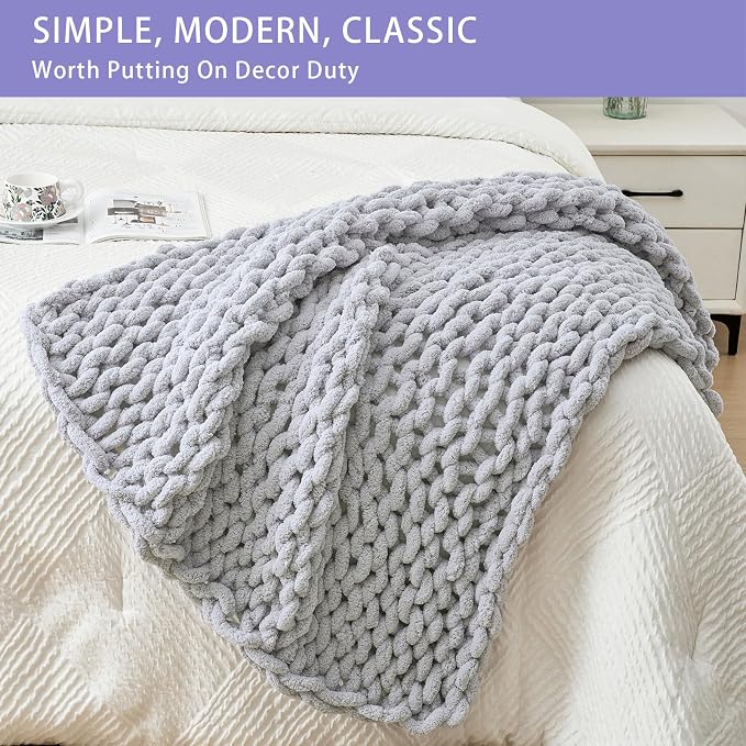 Bigacogo Chunky Knit Throw Blanket for Couch, 40x40 inches, 100% Hand Knitted with Thick Jumbo Chenille Yarn, Cozy Soft Large Rope Knot Cable Crochet Blankets for Sofa Bed Living Room, Light Grey