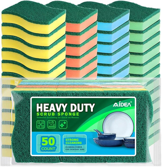 AIDEA Sponges Kitchen, 50 Pack Heavy Duty Dish Sponge, Cleaning Dish Scrubber Sponge for Home and Kitchen, Stink-Free Cleaning Supplies for Pots, Pans