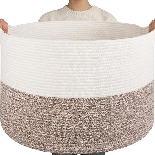 OIAHOMY 115L Extra Large Blanket Basket for Living Room, 23.6" x 15.4" Woven Cotton Rope Laundry Basket for Organizing Pillows, Decorative Stuffed Animal Toy Storage for Nursery, White and Linen Brown