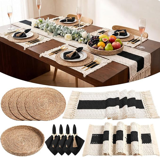 4 Sets Boho Decoration Placemats Round Woven Placemats, Cloth Napkins, Wood Bead Napkin Rings, Long Table Runner and Farmhouse Burlap Cotton for Table Kitchen (Black,12x72)