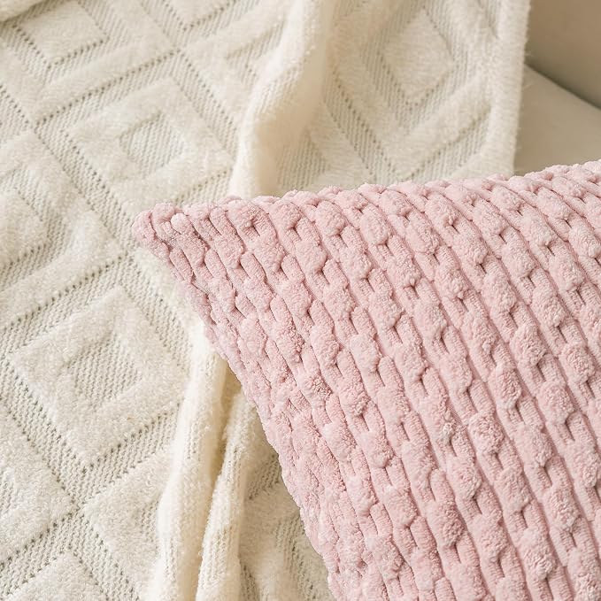 Set of 4 Pink Beige White Decorative Throw Pillow Covers 26x26 Inch Corduroy Pillow Covers for Bed Couch Sofa Living Room Soft Square Cushion Cases