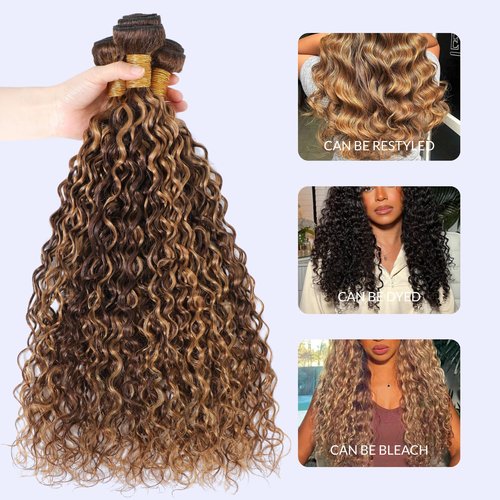 MOMOSHERO Honey Blonde Water Wave Bundles Human Hair 24Inch, Soft & Shed-free P4/27 Ombre Piano Color Curly Brown Blonde Highlight Weave Hair Bundles Wet and Wavy 12A 100% Virgin Hair Single Bundle
