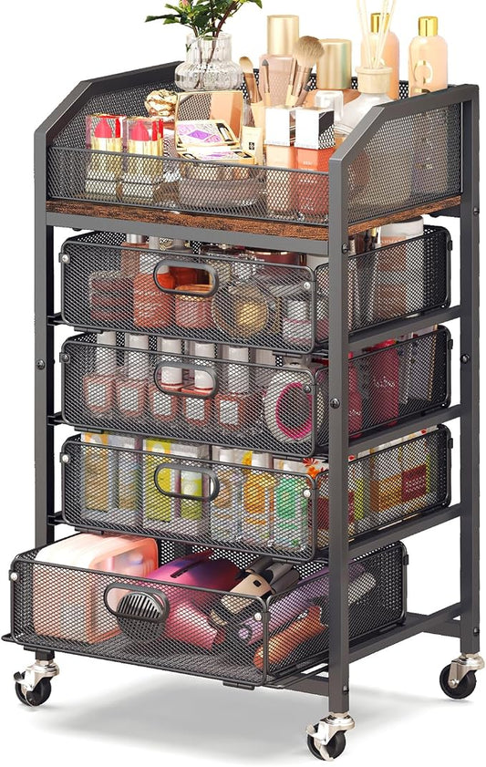 Goovilla Rolling Makeup Organizer Cart with Drawers, 5 Tier Metal Floor Skincare Vanity Organizers with Lockable Wheels, Make Up Storage Cart for Cosmetics Display, Nail Polish, Perfume, Black
