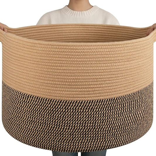 OIAHOMY 90L XXXLarge Blanket Basket for Living Room, 21.7" x 13.8" Woven Cotton Rope Laundry Basket for Organizing Pillows, Decorative Stuffed Animal Toy Storage for Nursery, Jute and Black