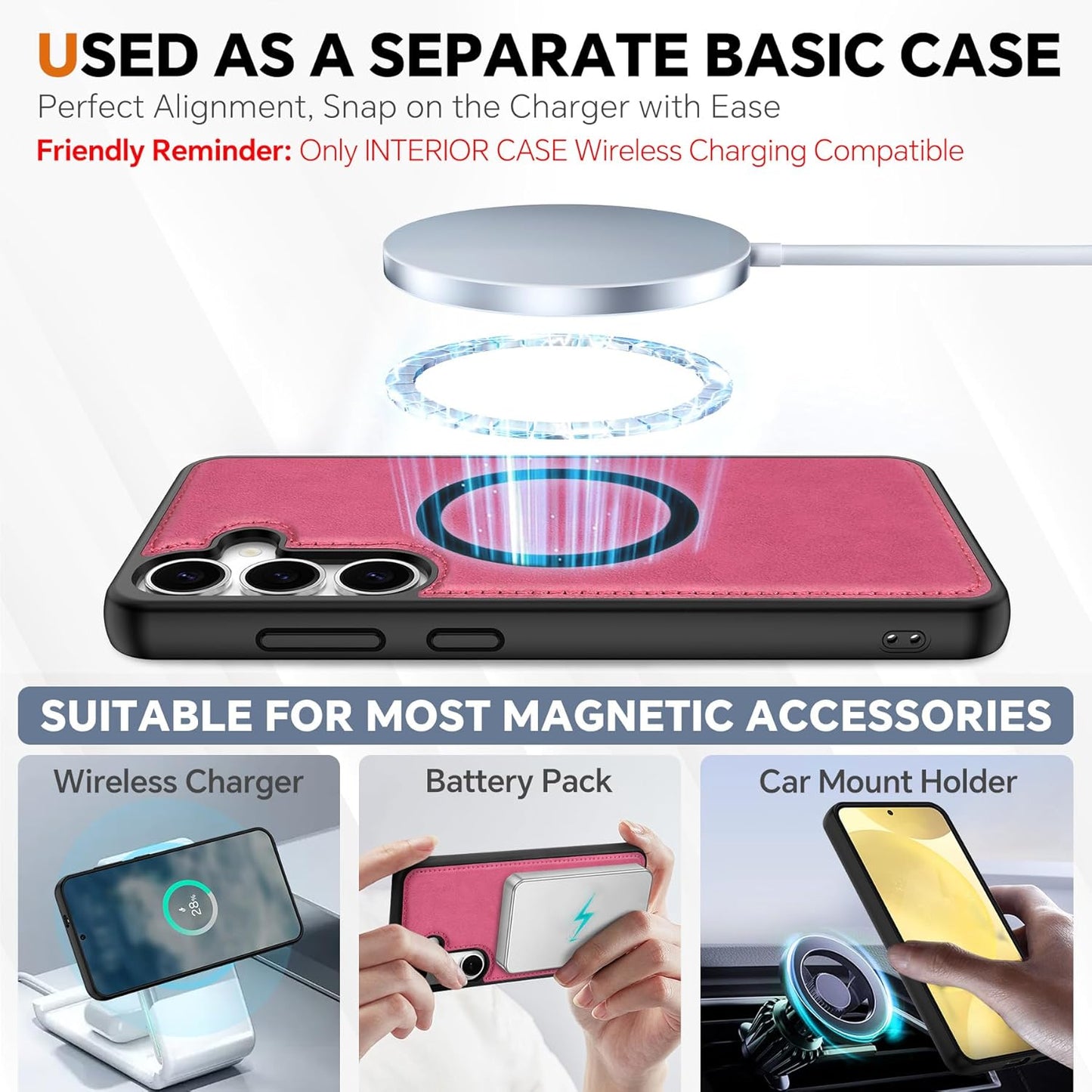 TUCCH Case for Galaxy S25, [Detachable] 2 in 1 Magnetic PU Leather Wallet Case Wrist Strap RFID Blocking [Wireless Charging] 4 Card Holders Stand Removable Flip Folio Cover for Galaxy S25, Hot Pink