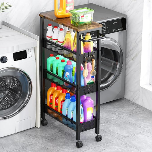 Vivihomety Utility Slim Storage Cart with Wheels, 4 Tier Small Rolling Cart with Wood Top, Metal Kitchen Bathroom Laundry Room Organization Trolley with Handle for Narrow Space – Black