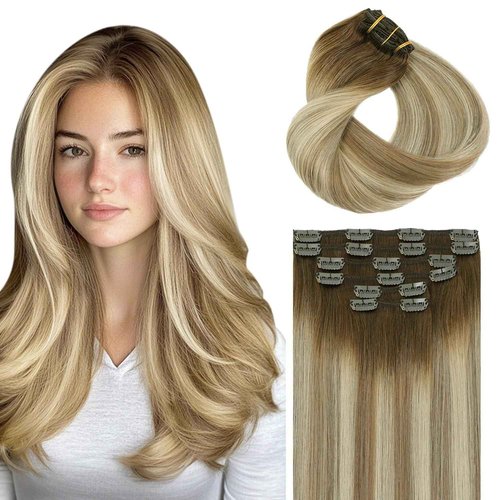 SAFIRENY Clip in Hair Extensions Real Human Hair Double Weft Balayage Color Walnut Brown To Ash Brown And Golden Blonde,Clip in Hair Extensions,16 Inch 100g,6pcs Per Set With 18 Clips（#3/8/22,16")