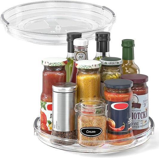 LAMU 2 Pack 10.6in Lazy Susan Organizer Turntable for Cabinet, Clear Lazy Susan for Refrigerator Rotating Organizer for Fridge, Kitchen, Pantry, Countertop, Bathroom, Medicine Cabinet Organizer