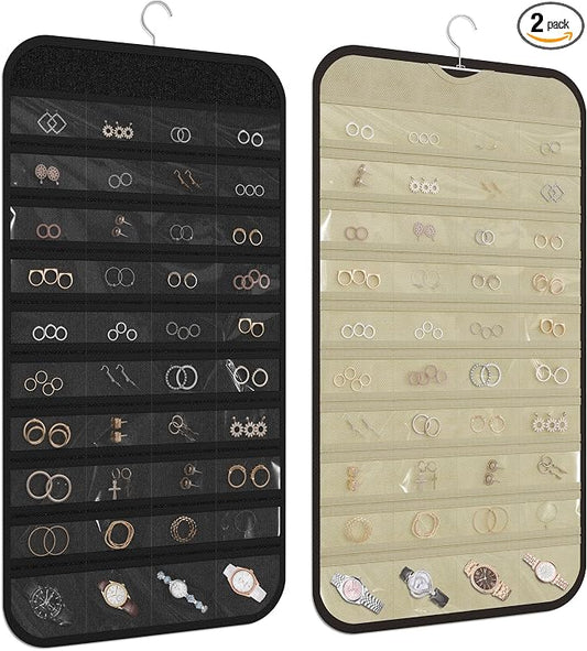 2 Pack Hanging Jewelry Organizer 80-Pocket Dual-sided Jewelry Storage for Earring Necklace Bracelet Ring Travel Holder, Black and Beige