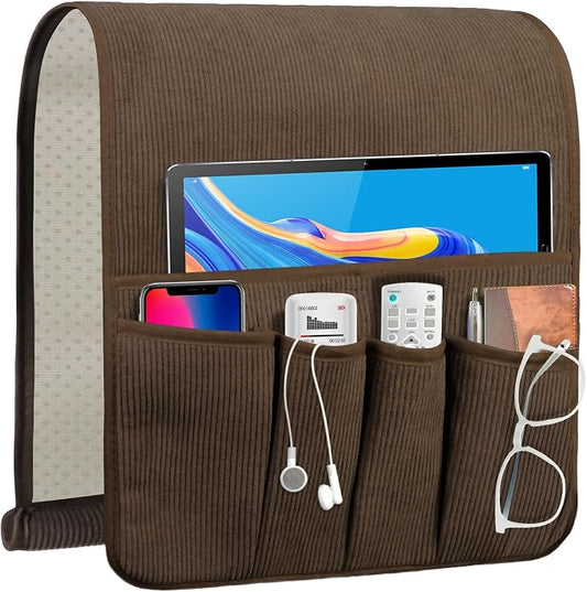 Couch Organizer Remote Control Holder Armchair Caddy, Anti Slip Corduroy Tv Remote Holder Couch Caddy with 5 Pockets for Storage Couch Accessories Bedside Organizer Senior Citizen Gifts