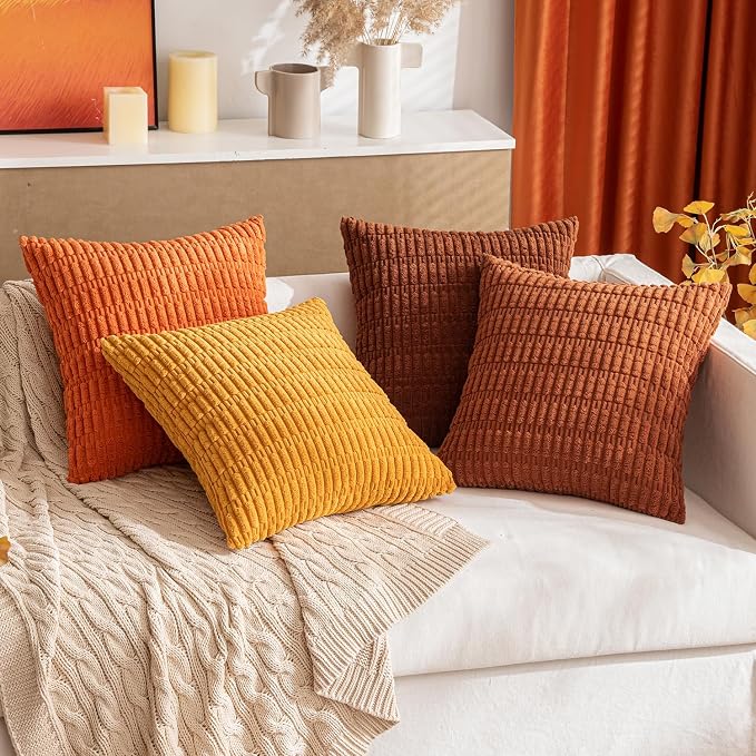 MIULEE Pack of 2 Rust Corduroy Decorative Pillow Covers 12x12 Inch Soft Boho Striped Throw Pillow Covers Modern Farmhouse Home Decor for Summer Sofa Living Room Couch Bed