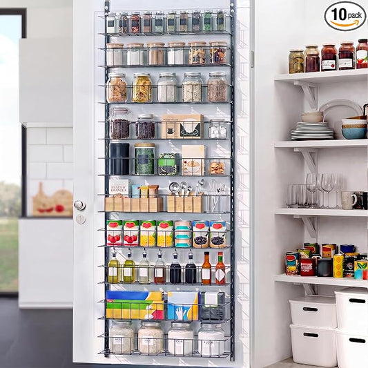 ElegantArray 10-Tier Pantry Door Oragnizer, Over The Door Pantry Organizer Rack and Storage, Hanging Spice Rack Shelves Door, Home Office Laundry Room Bathroom & Kitchen Organization, Deep Gray