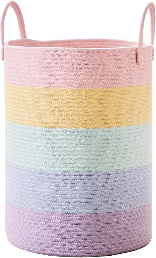 80L Extra Large Rainbow Laundry Hamper for Baby Girls Clothes Tall Woven Laundry Basket for Kids Nursery Toy in Playroom Blanket Basket for Living Room Bedroom 16"D x 22"H Pastel Unicorn