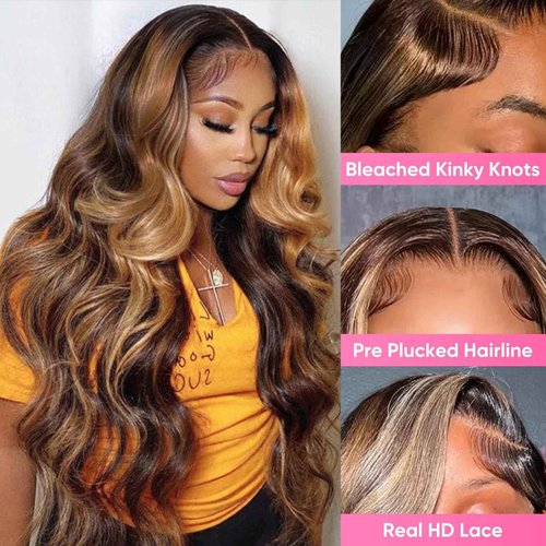 SFTNMEH Honey Blonde Ombre 13x6 Lace Front Wig Human Hair 210 Density Highlight Body Wave Lace Front Wigs Human Hair Pre Plucked Glueless Lace Frontal Wig for Women 4/27 Colored 22Inch