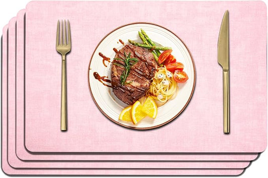 Maxpearl Faux Leather Placemats Set of 4 - Waterproof - Wipe Clean - Heat Resistant - Anti Slip Dining Table Place Mats, Suitable for Indoor & Outdoor Use, 17’’×12’’, Light Pink