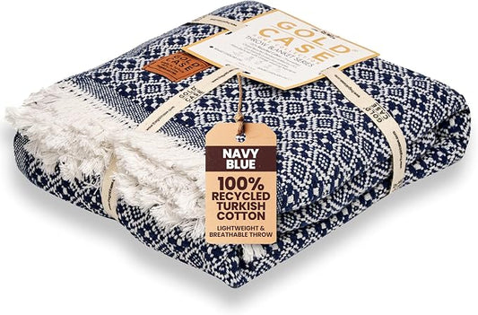 Gold Case Throw Blanket for Couch - 100% Recycled Turkish Cotton Blankets & Throws - Retro Soft Throw Blankets for Living Room - Boho Decorative Woven Couch Blanket - 50x60 - Navy Blue