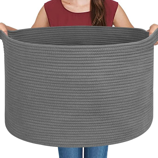 MEGASKET Large Dark Grey Storage Basket, Woven Cotton Rope Baskets for Storage, Big Blanket Organizer Storage Basket for Living Room, Kids Room Toy Storage Organizer Box, Blanket Keeper (22"x14")