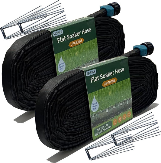 2025 Flat Soaker Hose 100 ft with Stakes for Garden, 50ft x 2 Linkable Drip Hose Diy Garden Irrigation System Saving 80% Water, Dual-layer Leak-free Design Water Hose with Holes