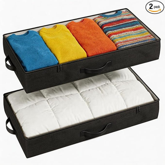 TidyCorner 2-Pack Under Bed Storage Containers, 4.5 Inches Tall Low Profile Underbed Clothes Storage Organizer Bin with Sturdy Sidewalls/Bottom, Underbed Storage Bins, Black