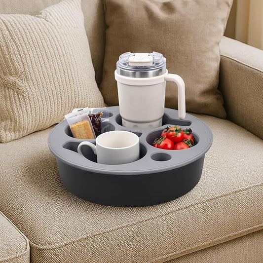 Couch Cup Holder Tray Round, Bonfixe 4-Cups Bedside Drink Holder for Elderly/Pregnancy, Stable Non-Spill Silicone Couch Caddy for Remote Control, Glasses‌, Snacks, Phones‌ (Black-Gray)