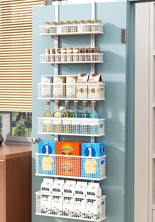 6-Tier Over The Door Pantry Organizer,Hanging Spice Rack,Grid Basket,White | Height Adjustable,Easy Grip Handle,Large Capacity,For Pantry Door,Laundry Room,Bathroom,Kitchen,D5.3xW15.7xH60.9in