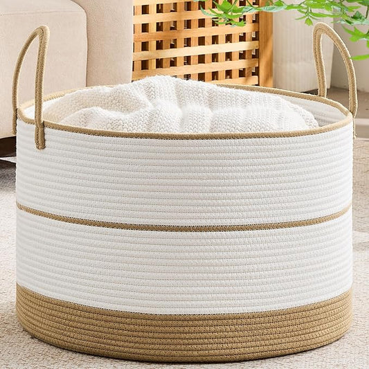 KAKAMAY Cotton Rope Storage Basket (20"x13"),Woven Blanket Baskets for Toys,Pillows,Clothes,Sturdy Handles Decorative Basket for Living Room, Bedroom,Nursery(Brown/Black)