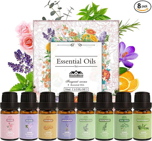 8 Pcs×10ml Pure Essential Oils for Diffuser for Home Care, Perfume, Candle and Soap Making - Peppermint, Lavender, Rose, Clove-Organic Essential Oils Set for Women and Mom Gift