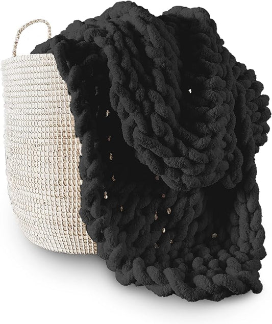 Adyrescia Chunky Knit Blanket Throw | 100% Hand Knit with Jumbo Chenille Yarn (40"x50", Raven Black)