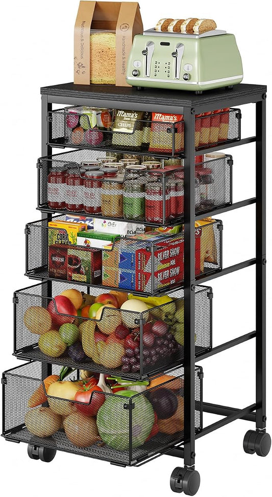 Kitchen Storage Cart with Drawer, 5-Tier Fruit Vegetable Storage Cart, Kitchen Organizer and Storage Cart with Wheels, Wooden Top Metal Wire Pantry Storage Cart rack for Fruit Snack Onion Potato