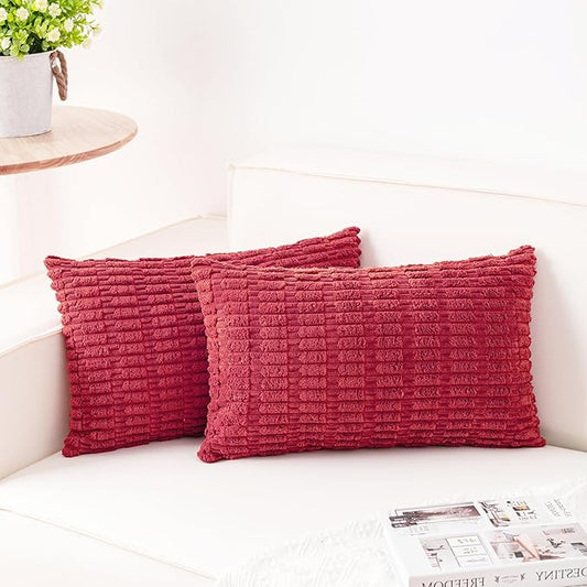 Aegero Pack of 2 Corduroy Decorative Throw Pillow Covers 12x20 InchSoft Boho Striped Pillow Covers Modern Farmhouse Home Decor for Sofa Living Room Couch Bed（Cranberry Red）