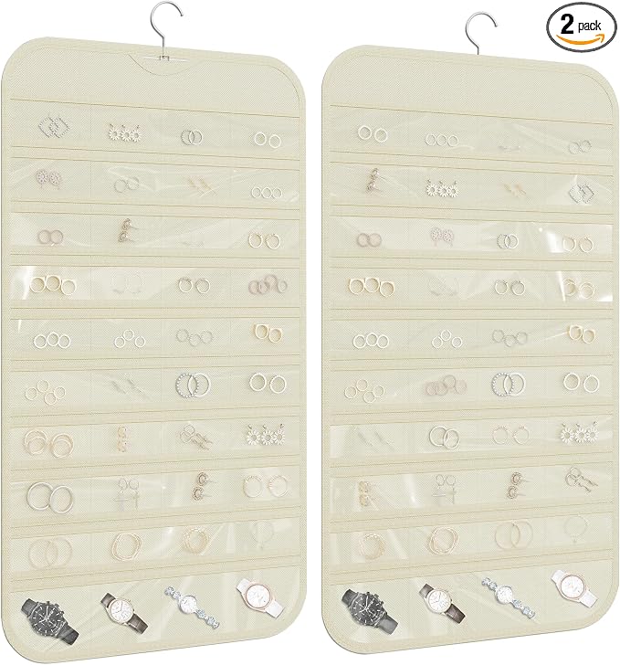 2 Pack Hanging Jewelry Organizer 80-Pocket Dual-sided Jewelry Storage for Earring Necklace Bracelet Ring Travel Holder, Beige