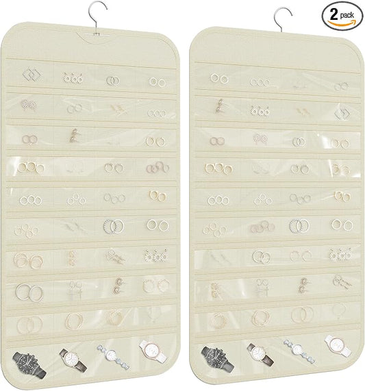 2 Pack Hanging Jewelry Organizer 80-Pocket Dual-sided Jewelry Storage for Earring Necklace Bracelet Ring Travel Holder, Beige