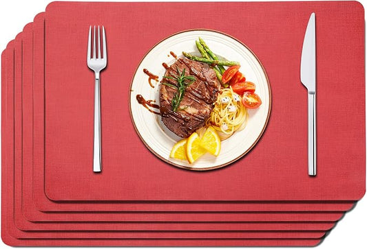 Maxpearl Red Placemats Set of 6, Faux Leather Dining Table Mats -Waterproof - Wipe Clean - Heat Resistant - Anti Slip, Suitable for Indoor & Outdoor Use, 17''×12''