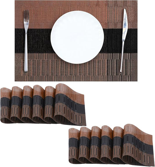 Leetaltree Brown with Black Striped Placemats Set of 12 - Heat Resistant Non-Slip Place mats for Dining Table, Washable Durable PVC Vinyl Woven Table Mats（Brown Stripe, 12）