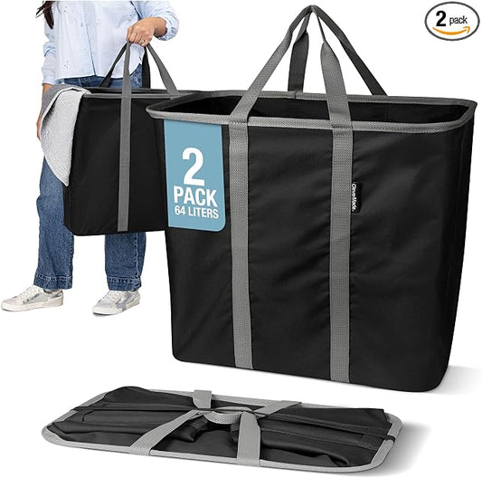 CleverMade Collapsible Laundry Caddy – Foldable Laundry Hamper & Tote, XXL 64L Pop-Up Laundry Basket with Handles, Space-Saving Laundry Organizer for Home, Dorm, Closet & Travel, 2 Pack - Black Gray